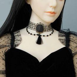 Dark Gothic Style Witch Collar Necklace Halloween Dark Grey Ghost Doll Face Pearl Chain & Tassel Collar Necklaces