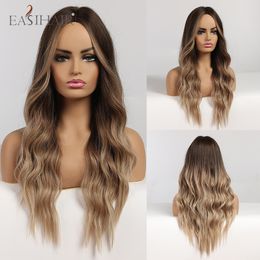 EASIAHIR Long Water Wave Hair Wigs for Women Ombre Brown to Blonde Synthetic Curly Hair Wigs Middle Parting Heat Resistant Fiberfactory dire