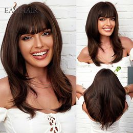 Brown Layered Straight Synthetic Wigs with Bang Heat Resistant Natural Hair Wig for Women Daily Party Ship from Belgiumfactory direct