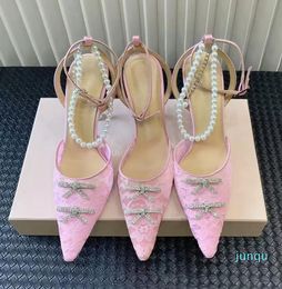 2022 Rhinestone Crystal-Embellished Pumps Shoes Sandals Dress Shoe Factory Footwear Double Bow White Lace Spool Heels Pink Evening Pearl Ankle Strap Sandal
