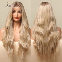 Long Wavy Ombre Brown Honey Blonde Synthetic Lace Front Wigs Natural Heat Resistant Wigs with Baby Hair for Black Womenfactory direct