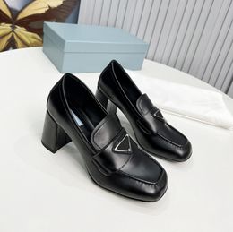 High Heeled Black Leather Shoes Preppy Penny Loafer Women Chunky Rubber Monobloc Sole Moccasins Upper With Leather Strap