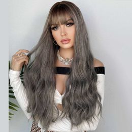 Synthetic Wigs Grey Gradual Change Wig Women's Long Hair Ripple Bangs Long Curly Hair Chemical Fiber Wig Cover 26inch