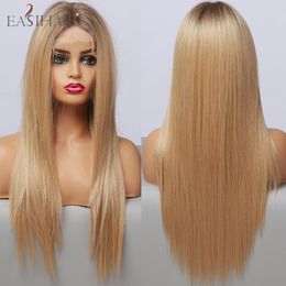 Synthetic Long Silky Straight Lace Front Wigs for Women Light Brown Blonde Cosplay Wigs High Density Heat Resistantfactory direct