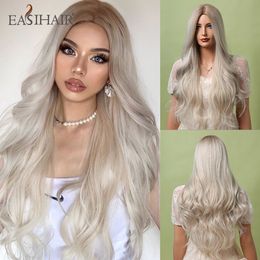 Long Light Platinum Blonde Wavy Synthetic Wigs Middle Part Heat Resistant Natural Hairs for Women Cosplay Party Dailyfactory direct