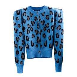 Women's o-neck puff long sleeve leopard print knitted sweater cardigan coat