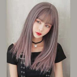 Hair Lace Wigs Female Long Hair Natural Gradient Gray Powder Head ffy Bangs Top Wig Set