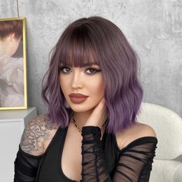 Hair Lace Wigs Purple Water Wavy Pear Blossom Short Curly Bangs Chemical Fibre Hair Wig