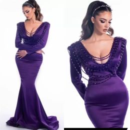 Royal Purple Evening Dresses Glitter Beading Ruched Satin Mermaid Prom Dress Long Sleeves V Neck Robe Party Pageant Gowns