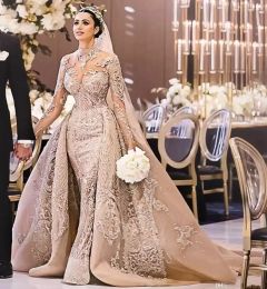 Arabic Dubai Champagne Mermaid Wedding Dresses With Detachable Train High Neck 3D Lace Long Sleeves Bridal Gowns