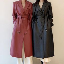 Women's Leather Spring Long Trench Coat For Women 2022 Sleeve Belt British Style Double Breasted Simple Classic Overcoat