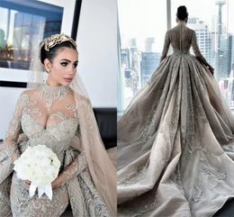 Luxury Crystal Beaded High Neck Mermaid Wedding Dresses With Detachable Train Sexy Plus Size Long Sleeves Arabic Mulslim Bridal Gown CPH105