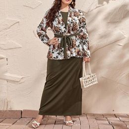 Plus Size Dresses 4XL Cardigan Floral Evening Party Dress 2Pcs/set Women Belt Large Luxury Elegant Muslim Wedding Festival Clothing A30