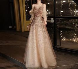 Party Dresses Golden Prom Dress Sequin Lace Elegant A-Line O-Neck Floor-Length Bandage Shiny Sparkly Host Evening Gown Vestidos De Noche
