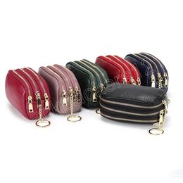 Genuine Leather Women Wallet Three Zippers Coin Card Key Holder Purse Change Pouch Fashion Money Bag Wallets Mini Pocket