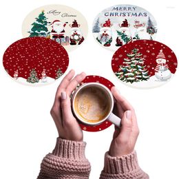 Table Mats 4Pcs Christmas Drinking Cup Mat Xmas Tree Printed Tea Coffee Placemat Pad Merry Water Absorbent Cork Coasters