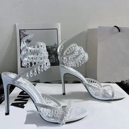 Sand￡lias de salto alto de luxo de luxo de ver￣o pingente de cristal pingente twining anel de p￩ de vestido feminino Sapatos Rhinestone 10cm Sand￡lia de tamanho grande para mulheres 35-43