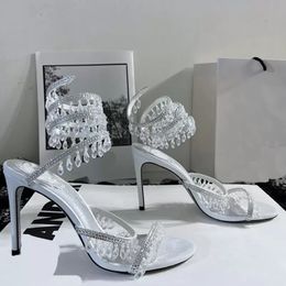 Sandali estivi di lusso con tacco alto Ciondolo di luce di cristallo Anello intrecciato per il piede Scarpe eleganti da donna Tacchi strass 10CM Sandalo di grandi dimensioni per donna 35-43