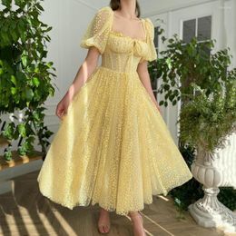 Party Dresses UZN Short A-Line Daffodil Lace Prom Dress Square Neck Puffy Sleeves Beading Evening Plus Size