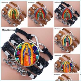 Charm Bracelets For Women Christmas Jewellery Glass Cabochon Mtilayer Black/Brown Leather Bracelet Bangle Virgin Mary Sacred Heart Rel Dhu3M