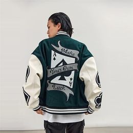 Men's Jackets Spring and Autumn Poker Embroidered Baseball Jacket Leather Sleeve Men Women Couples American Street Loose 221105