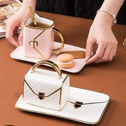 Cups Saucers Creative Bag Shape Ceramic Cup Saucer Golden Edge Design Tea Set For Coffee Afternoon With Spoon Kitchen Accessories