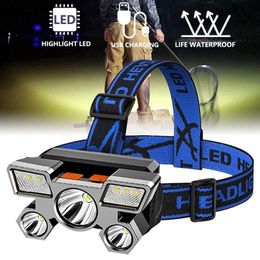 Wholesale LED Mine Lamp Flash light Five-Head Headlamps Strong Light Super Bright Rechargeable Fishing lights Long-Range r Head-Mounted