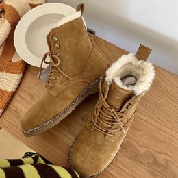 Lvity Up Stocks Women Boots Lace Designer Birk Shearling Lamb Fur Lined Booties Casual Shoes Boston Clogs Cork Flat Trainer Lady Fashion Suede Leather Booties Platfo
