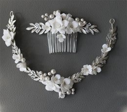 Wedding Bridal Flower Hair Comb Pearl Tiara Silver Crystal Leaf Headpiece Crown Headband Jewelry Party Prom Headdress Ornament