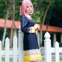 Anime Spy X Family Anya Fake Pink Cute Cos Wig Heat Resistant Synthetic Kids Black Dress Kawaii Girls Party cosplay Costumes J220720