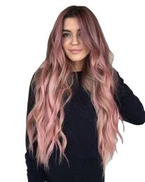 Hair Lace Wigs Women's Long Curly Hair Big Wave Split Gradient Pink Chemical Fiber Headgear Wigs