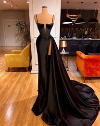 Sexy schwarze Falten Satin Long Meerjungfrau Prom Kleider Abend Gala Kleider formelle Partykleid besondere Anlässe Kleider