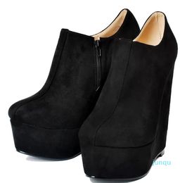 Legzen Fashion Women's Ankle Boots Platform Round Toe Wedge Faux Suede Black Shoes Woman Plus Size211O