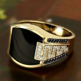 Classic Men's Ring Fashion Metal Gold Colour Inlaid Black Stone Zircon Punk Rings for Men Social Gatherings