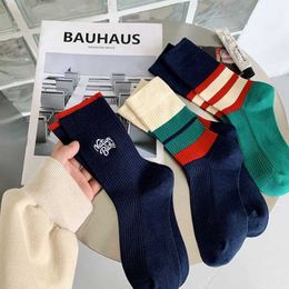 Socks Hosiery 2022 For Women Korean Style New Autumn Fashion Cute Female Cotton Striped Casual Embroidery Trend Long Comfort T221102