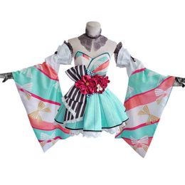 39 Kültür Dünya Miku Anime Cosplay Kimono Elbise Üniforma Kıyafet Headdress Fan Cos Kawaii Kadınlar Rol Oyun Oynama Performans Partisi J220720