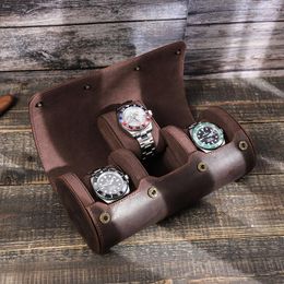 Watch Boxes 3 Slots Retro Convenient Creative Roll Case Storage Box Worn Style Leather Free Engraving Logo Or Name Gift