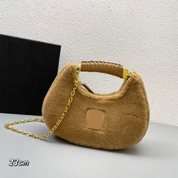 Lambs Wool Shoulder Bag Wristlet Handbags Fashion Crossbody Bags Winter Metal Hardware Chain Women Half Moon Clutch Purse Zipper Closure Cell Phone Pocket Wallets