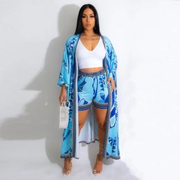 Women's Tracksuits 2022 Autumn Fashion Print Two 2 Piece Set Women Casual Coats Shirts Coat And Elastic Waist Shorts Loose Outfits