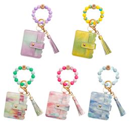 Luminous Silicone Beaded Keychain PU Leather Tassel Card Bag Wrist Keychain Creative Christmas Gift Keyring Key Chain