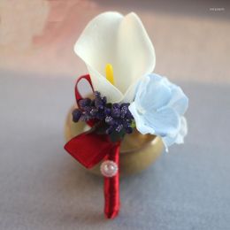 Decorative Flowers Wedding Groom Boutonniere Groomsman Corsage Artificial PU Calla Lily Flower Brooches Corages Buttonhole Suit Accessories