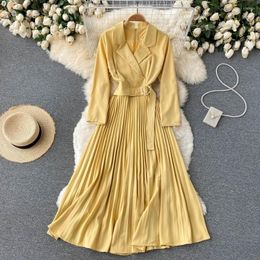 Casual Dresses Elegant Yellow Blazer Dress Women Spring Autumn Notched Collar Full Sleeve Belted Female Work Office Long Pleated