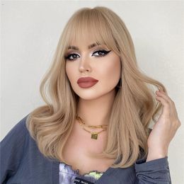 Wave Synthetic Wig With Bangs For Woman Long Blonde 18inch Natural Wig Breathable Wigs Heat Resistant Fibre False Hair