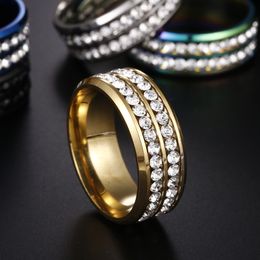 Male Punk Vintage Black Cluster Rings Stainless Steel Jewelry Two Rows CZ Stone Wedding Ring for Men Women