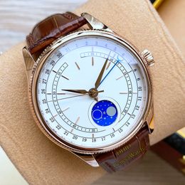 Designer Watches Men Moon Phase Mechanical Automatic Movement Watch Blue Hands Rose Gold 316l Steel Case Brown Leather Strap 39mm Mens Wristwatches