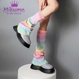 Socks Hosiery Harajuku Retro Gradient Sweet Rainbow Knitted Leg Warmers Socks Japanese Punk Girls Knee High Long Socks Leg Cover Streetwear T221107