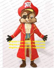 Cooles braunes Piraten-Chipmunk-Maskottchen-Kostüm, Mascotte Chipmuck, Eichhörnchen Scuiridae mit großem roten Hut, schwarzer Blinder Nr. 1715, kostenloses Schiff