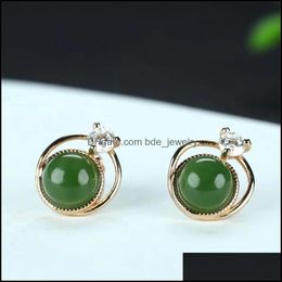 Stud Stud Selling Natural Handcarved 925Sier Gufajin Mosaic Jasper Round Beads Earrings Studs Fashion Jewellery Men Women Luck Gifts D Dh5Nk