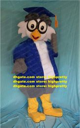 Wise Mascot Costume Blue Grey Doctor Owlet Owl Adult Mascotte With Big Blues Doctorial Hat Blue Coat Greys Pants No.553 Free Ship