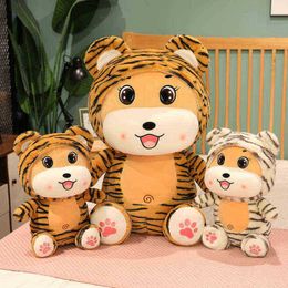 1Pc 354560Cm Kawaii Tiger With Hat Cuddle Fluffy Animal Doll Brown Tiger Zodiac Toy For ldren Gift Cartoon Pillow J220729